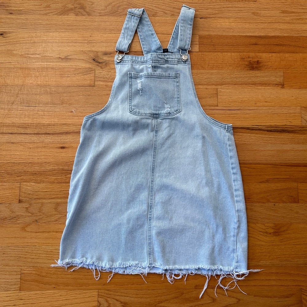 wild fable Light Blue Denim Pinafore Dress with Frayed Hem